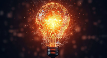 Glowing light bulb on dark background. Idea and innovation concept. 3D Renderingの写真素材