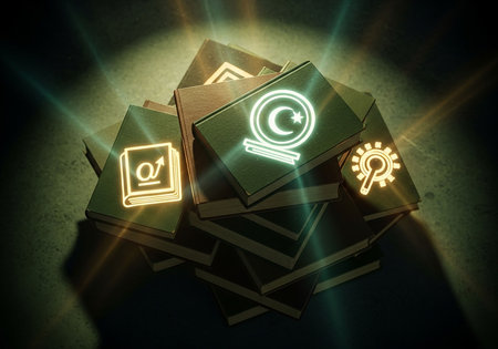 Stack of books with glowing symbols on dark background. 3D renderingの写真素材