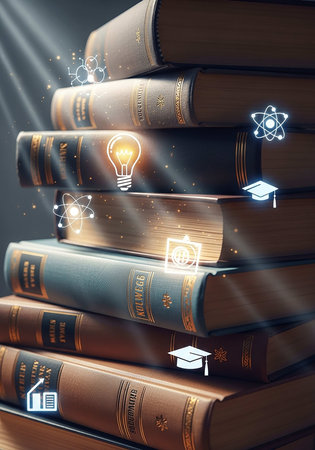 Books with glowing light bulb and graduation cap. Education concept. 3D Renderingの写真素材
