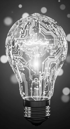 Conceptual image with lightbulb and circuit board on grey backgroundの写真素材