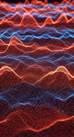 Abstract 3d rendering of red and blue waves. Futuristic background with lines and dots. Big data visualization.の写真素材