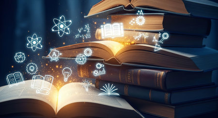 Open book with science icons on dark background. Education concept. 3D Renderingの写真素材