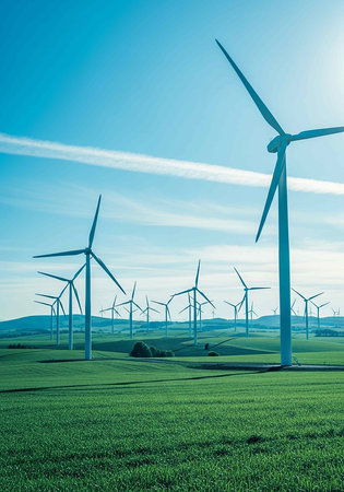 Wind turbines in a green meadow under a blue sky with cloudsの写真素材
