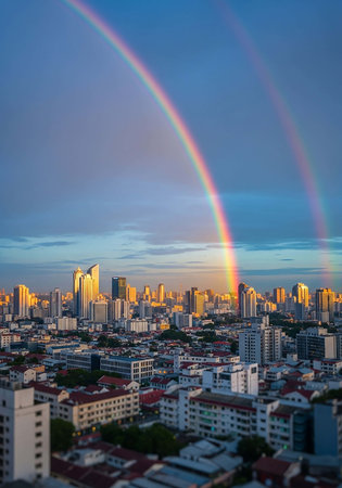 Rainbow over bangkok cityscape at twilight time, Thailand.の写真素材