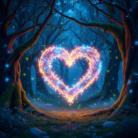 Dark mysterious forest with glowing heart, 3d rendering toned imageの写真素材