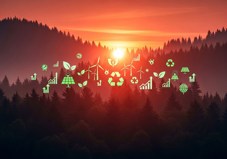 Conceptual image with ecology icons against misty forest at sunsetの写真素材