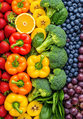 Fresh fruits and vegetables background. Healthy eating concept. Top view.の写真素材