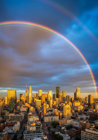 City skyline panorama with rainbow over skyscrapers.の写真素材