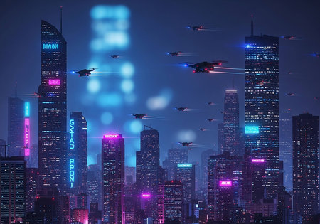 Futuristic aircraft flying over skyscrapers at night, 3D renderingの写真素材