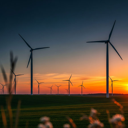 Wind turbine farm at sunset. Alternative energy source. 3D rendering