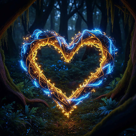 Glowing heart in the forest. Valentine's day concept. 3D Renderingの写真素材