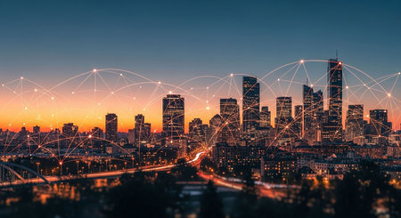 Smart city and wireless communication network concept. Panoramic modern cityscape at dusk.