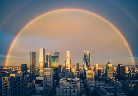 Rainbow over the skyscrapersの写真素材