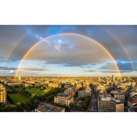 Panoramic view of the city with a rainbow in the sky