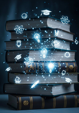 Books with glowing education icons on dark background. Education and knowledge concept. 3D Renderingの写真素材