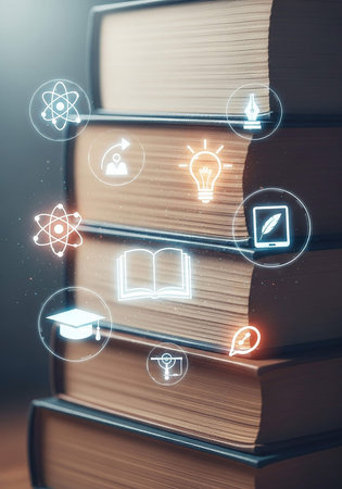 Books with glowing education icons. Education concept. 3D Renderingの写真素材