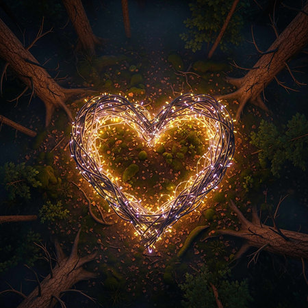 Heart shape made of led lights in the forest. 3D renderingの写真素材