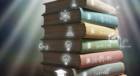 Stack of books with education related icons flying over them 3D renderingの写真素材