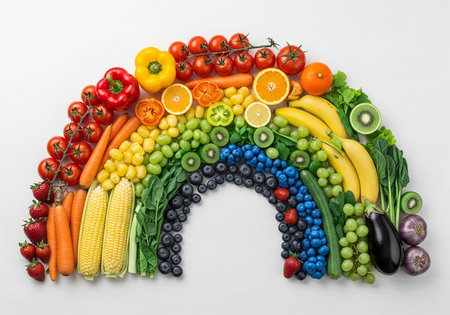 Fruits and vegetables in the form of a rainbow on a white backgroundの写真素材