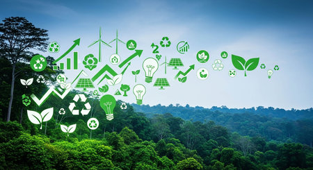 Ecology and environment concept with green energy icons on the forest.の写真素材