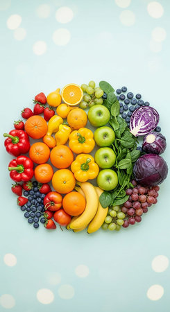 Fruits and vegetables in the form of a circle on a blue backgroundの写真素材