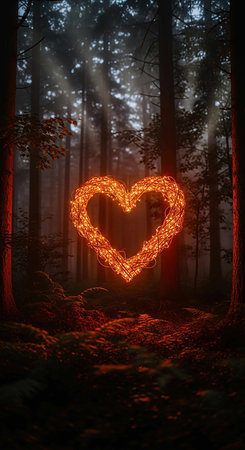 Heart shape glowing in the dark forest. Valentine's day concept.の写真素材