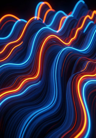abstract wavy background with blue and red neon lines. 3d rendering