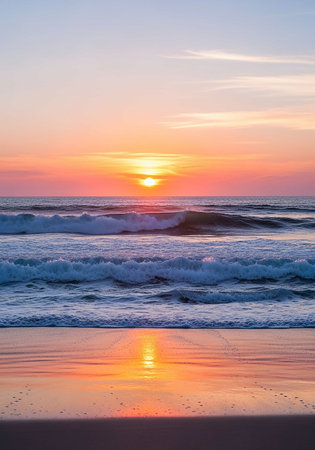 Beautiful sunset on the beach with sea wave and sky background.の写真素材