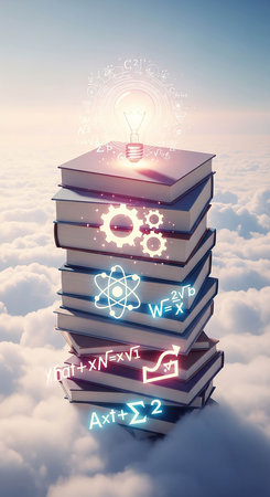 Books with glowing light bulb on top against bright blue sky with cloudsの写真素材