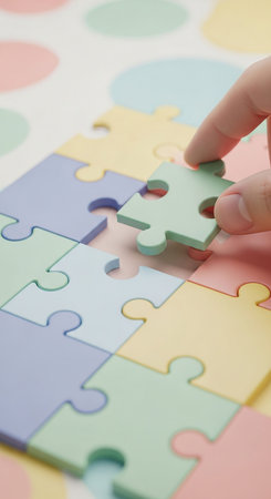 Close up image of a hand placing jigsaw puzzle piece over colorful backgroundの写真素材