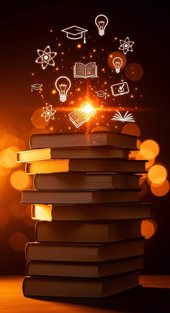 Books with glowing education icons on bokeh background. 3D rendering