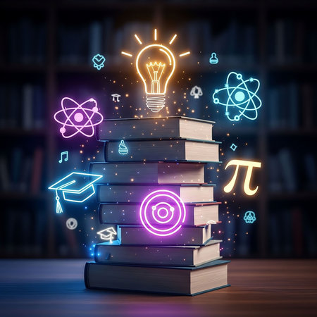 Books with glowing light bulb on dark background, science and education conceptの写真素材
