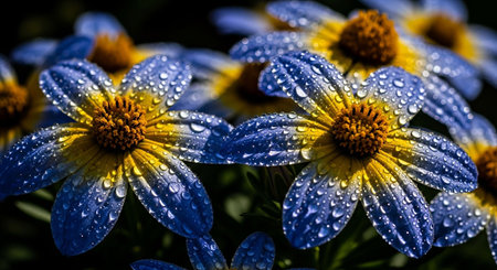 Close up of blue daisies with water drops on the petals