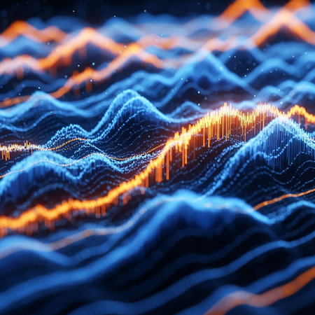 3d rendering of abstract digital wave with glowing particles. Futuristic sound wave background.の写真素材