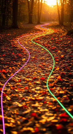 Colourful lights on the road in the autumn forest.の写真素材