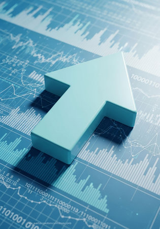 financial chart and arrow on the table, business concept, blue toneの写真素材