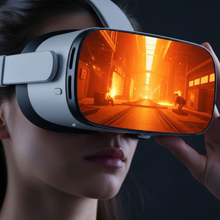 Young woman wearing virtual reality goggles on dark background. 3D rendering