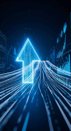 3d rendering of blue glowing arrow on dark background with stock market chart