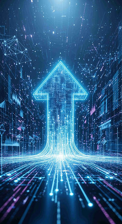 Glowing arrow on abstract digital background. Technology and future concept. 3D Rendering