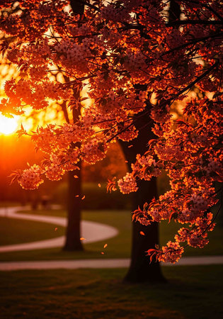 Cherry blossoms in full bloom in a park at sunset.の写真素材