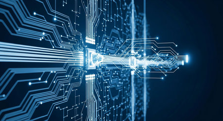 Abstract technology circuit background. 3d rendering toned image double exposure