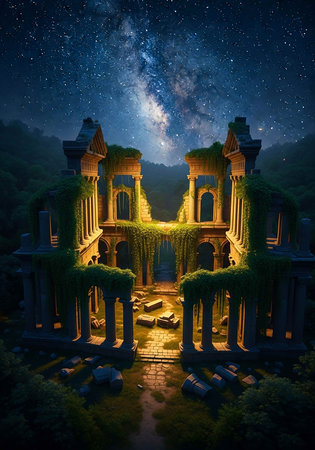 3d render of fantasy garden at night with stars and milky wayの写真素材