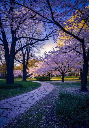 Cherry blossoms in full bloom in the park at sunset.の写真素材