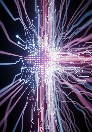 Futuristic technology circuit board with glowing lines. 3d rendering