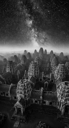 Fantasy landscape with ancient temple and nebula. 3d renderingの写真素材