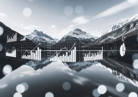 Futuristic virtual graphic interface over lake with mountains in the backgroundの写真素材