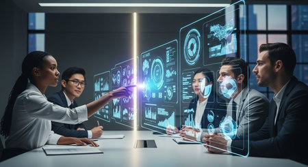 Business people working together in modern office with hologram screens. Mixed mediaの写真素材