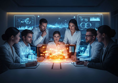 Group of business people working together in modern office with glowing hologram screens. Concept of teamwork. Toned image double exposureの写真素材