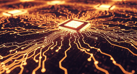 Circuit board with microchips and connections. 3d rendering