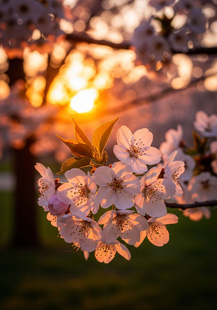 Beautiful cherry blossom sakura at sunset. Nature background.の写真素材